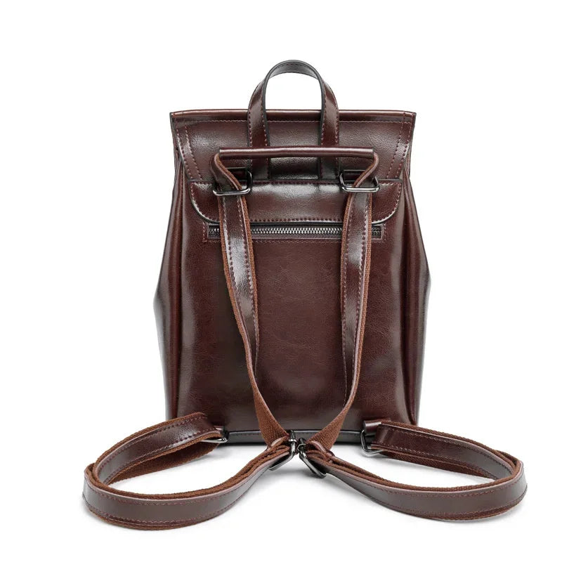 Retro Genuine Cow Backpack For Women Oil Wax Leather Travel Ladies Shoulder Bag Fashion Teenager Girls Small Schoolbag