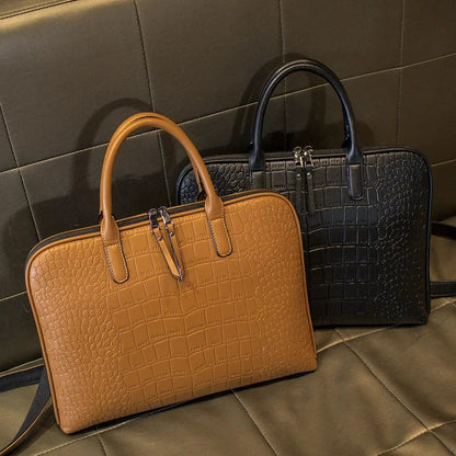 Retro Genuine Leather Women Briefcase Fashion Handbag 14-Inch Laptop Large Capacity Shoulder Messenger Ladies File Bag