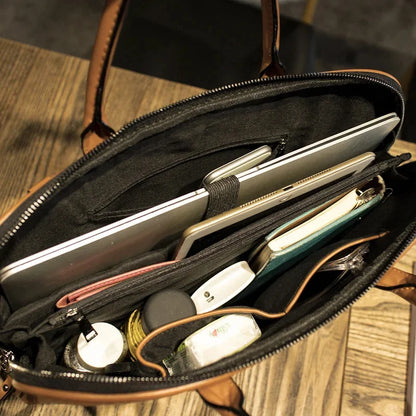 Retro Genuine Leather Women Briefcase Fashion Handbag 14-Inch Laptop Large Capacity Shoulder Messenger Ladies File Bag