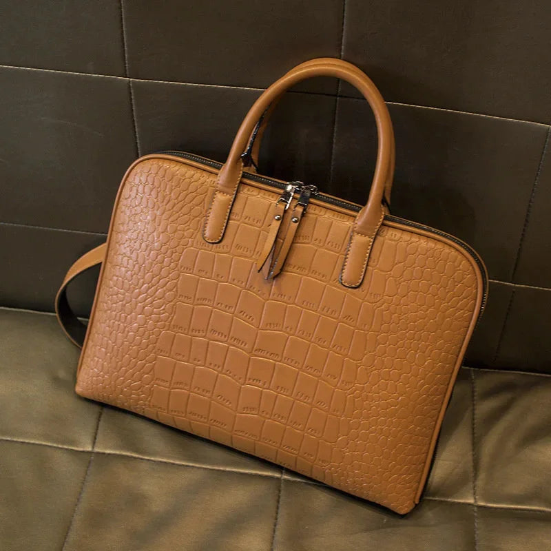 Retro Genuine Leather Women Briefcase Fashion Handbag 14-Inch Laptop Large Capacity Shoulder Messenger Ladies File Bag