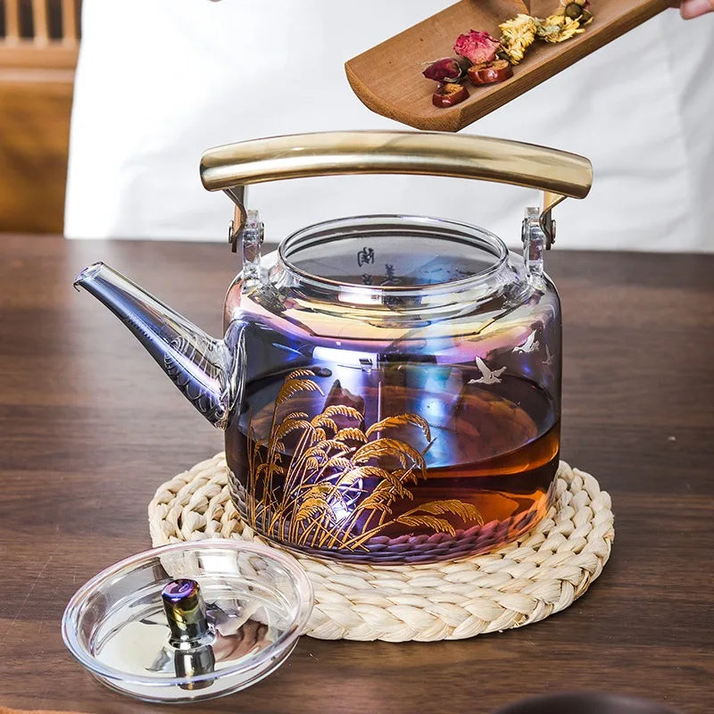 Retro Glass Teapot Household Health Pot Pu'er Tea Kettle Copper Handle Kettle Tea Pot Thickened Heat-resistant Tea Sets Tea Pot