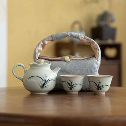 Retro Hand Drawn Orchid Art Tea Set Kit Japanese Teapot and Cup Set 1 Pot 2 Cup Tea Making Portable Camping Tote Bag Accessories