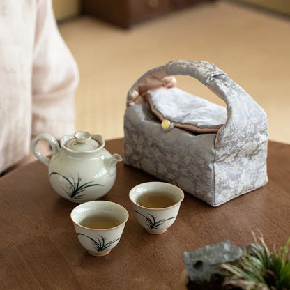 Retro Hand Drawn Orchid Art Tea Set Kit Japanese Teapot and Cup Set 1 Pot 2 Cup Tea Making Portable Camping Tote Bag Accessories