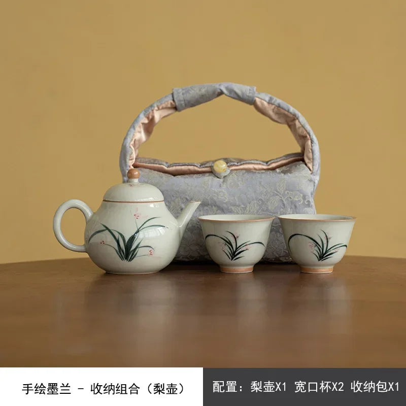Retro Hand Drawn Orchid Art Tea Set Kit Japanese Teapot and Cup Set 1 Pot 2 Cup Tea Making Portable Camping Tote Bag Accessories