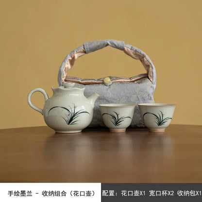 Retro Hand Drawn Orchid Art Tea Set Kit Japanese Teapot and Cup Set 1 Pot 2 Cup Tea Making Portable Camping Tote Bag Accessories