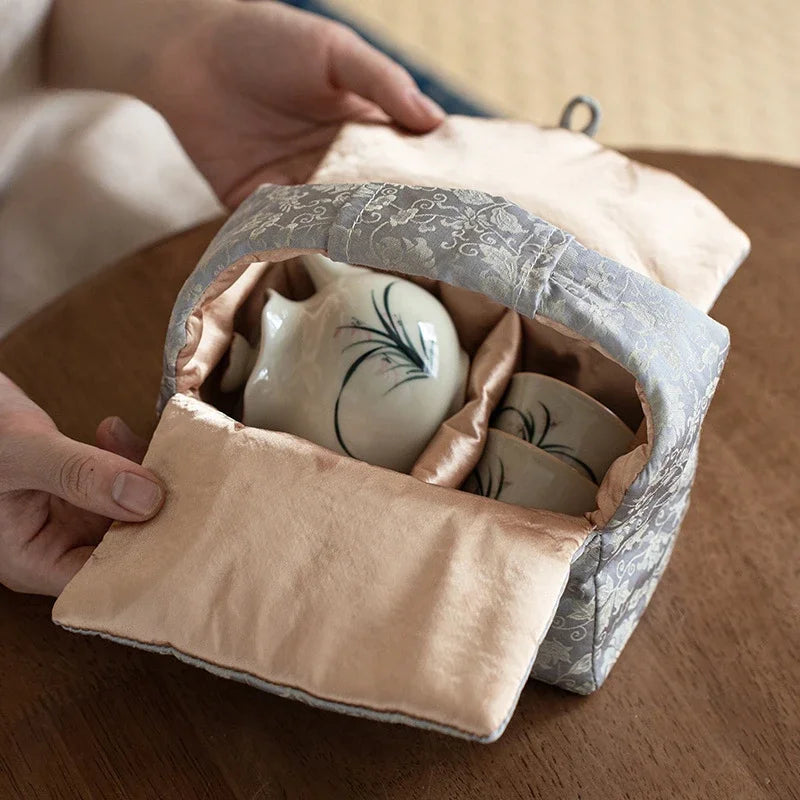 Retro Hand Drawn Orchid Art Tea Set Kit Japanese Teapot and Cup Set 1 Pot 2 Cup Tea Making Portable Camping Tote Bag Accessories