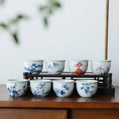 Retro Hand Painted Blue and White Master Cup Ceramic Kung Fu Tea Cup Personal Cup Special Cylinder Cup Hand Color Landscape Cup