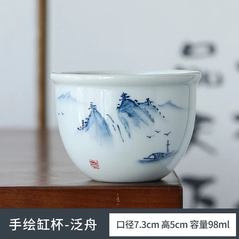 Retro Hand Painted Blue and White Master Cup Ceramic Kung Fu Tea Cup Personal Cup Special Cylinder Cup Hand Color Landscape Cup
