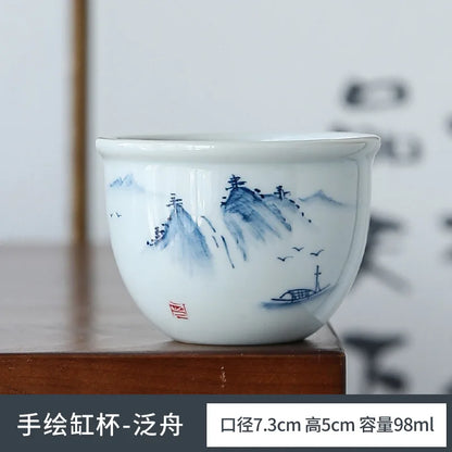 Retro Hand Painted Blue and White Master Cup Ceramic Kung Fu Tea Cup Personal Cup Special Cylinder Cup Hand Color Landscape Cup