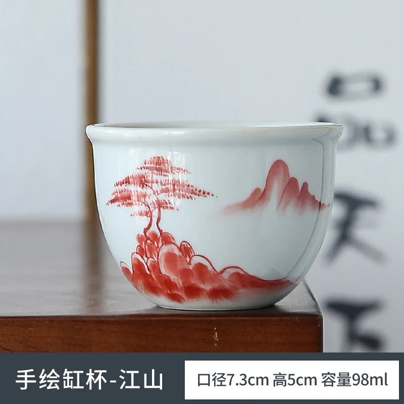 Retro Hand Painted Blue and White Master Cup Ceramic Kung Fu Tea Cup Personal Cup Special Cylinder Cup Hand Color Landscape Cup