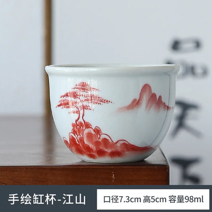 Retro Hand Painted Blue and White Master Cup Ceramic Kung Fu Tea Cup Personal Cup Special Cylinder Cup Hand Color Landscape Cup