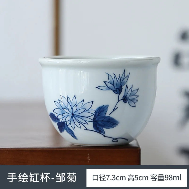 Retro Hand Painted Blue and White Master Cup Ceramic Kung Fu Tea Cup Personal Cup Special Cylinder Cup Hand Color Landscape Cup