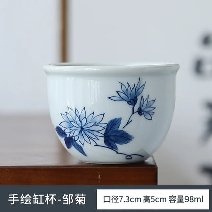 Retro Hand Painted Blue and White Master Cup Ceramic Kung Fu Tea Cup Personal Cup Special Cylinder Cup Hand Color Landscape Cup