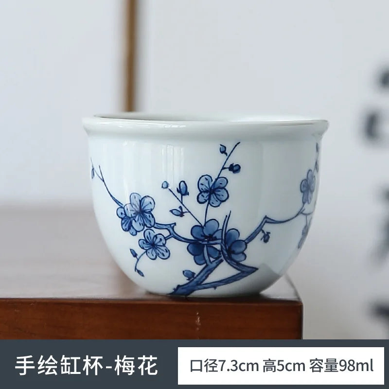 Retro Hand Painted Blue and White Master Cup Ceramic Kung Fu Tea Cup Personal Cup Special Cylinder Cup Hand Color Landscape Cup