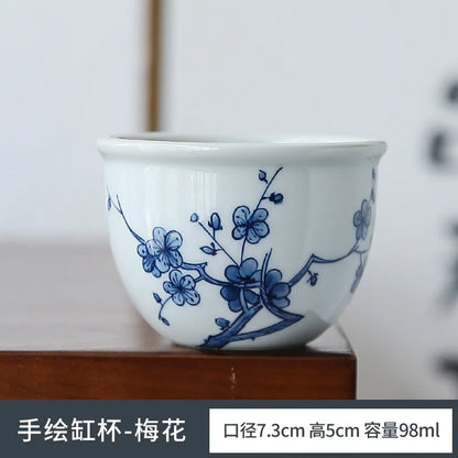 Retro Hand Painted Blue and White Master Cup Ceramic Kung Fu Tea Cup Personal Cup Special Cylinder Cup Hand Color Landscape Cup