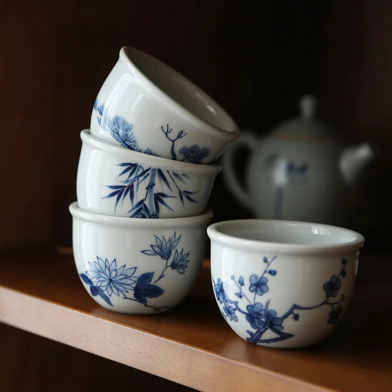 Retro Hand Painted Blue and White Master Cup Ceramic Kung Fu Tea Cup Personal Cup Special Cylinder Cup Hand Color Landscape Cup