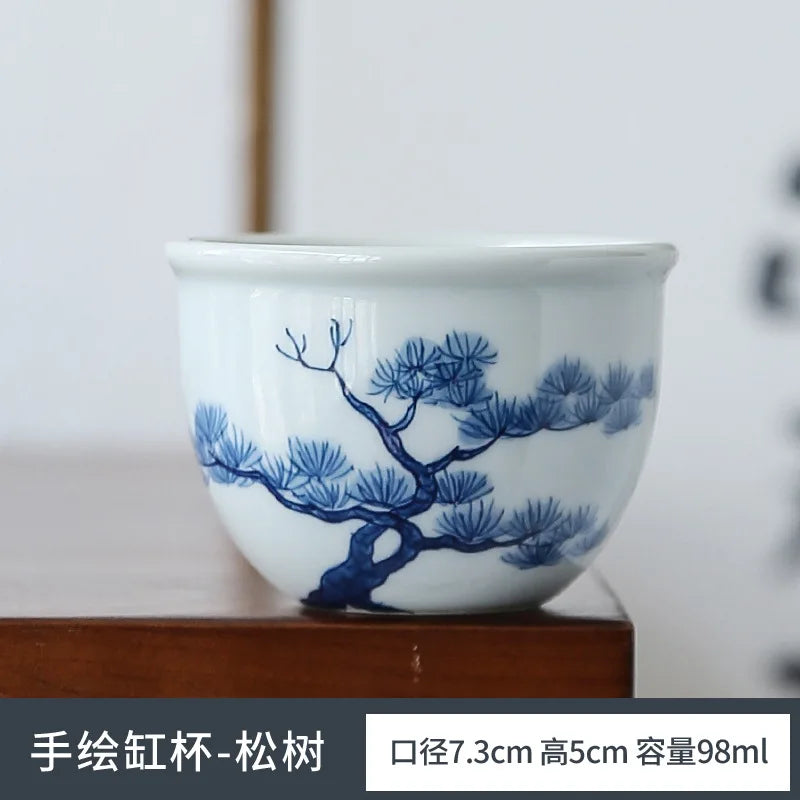 Retro Hand Painted Blue and White Master Cup Ceramic Kung Fu Tea Cup Personal Cup Special Cylinder Cup Hand Color Landscape Cup