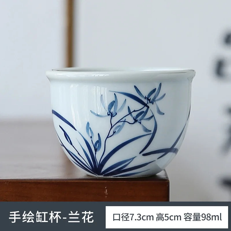 Retro Hand Painted Blue and White Master Cup Ceramic Kung Fu Tea Cup Personal Cup Special Cylinder Cup Hand Color Landscape Cup