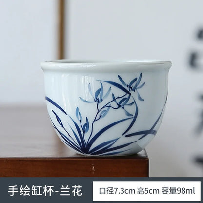 Retro Hand Painted Blue and White Master Cup Ceramic Kung Fu Tea Cup Personal Cup Special Cylinder Cup Hand Color Landscape Cup