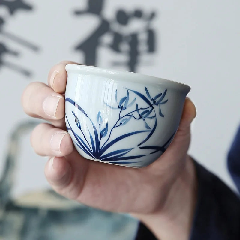 Retro Hand Painted Blue and White Master Cup Ceramic Kung Fu Tea Cup Personal Cup Special Cylinder Cup Hand Color Landscape Cup