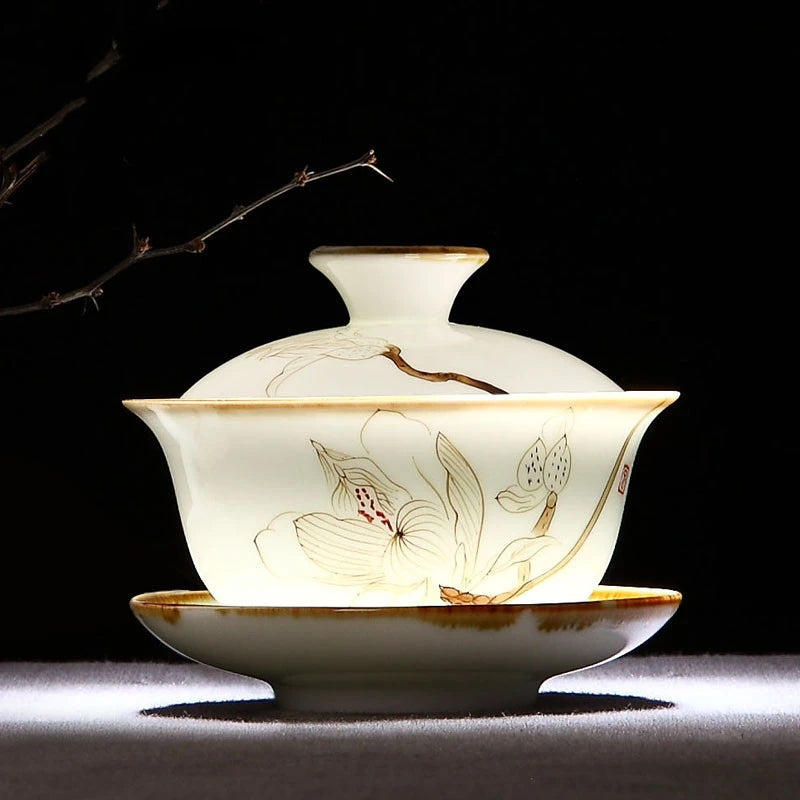 Retro Hand Painted Flower Pattern Ceramic Gaiwan Teacup Handmade Tea Tureen Bowl Chinese Porcelain Teaware Drinkware 120ml