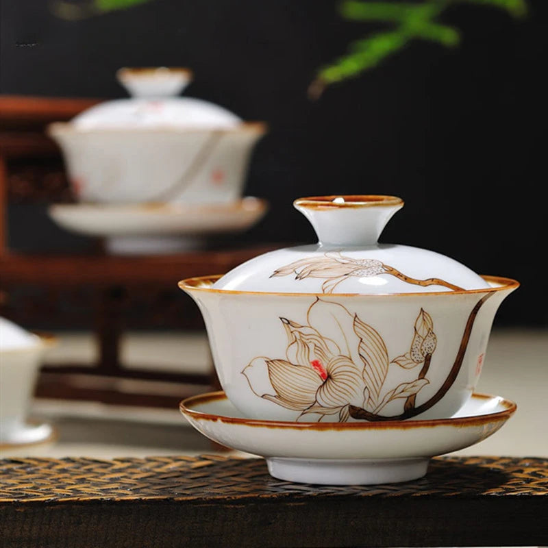 Retro Hand Painted Flower Pattern Ceramic Gaiwan Teacup Handmade Tea Tureen Bowl Chinese Porcelain Teaware Drinkware 120ml