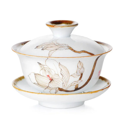 Retro Hand Painted Flower Pattern Ceramic Gaiwan Teacup Handmade Tea Tureen Bowl Chinese Porcelain Teaware Drinkware 120ml