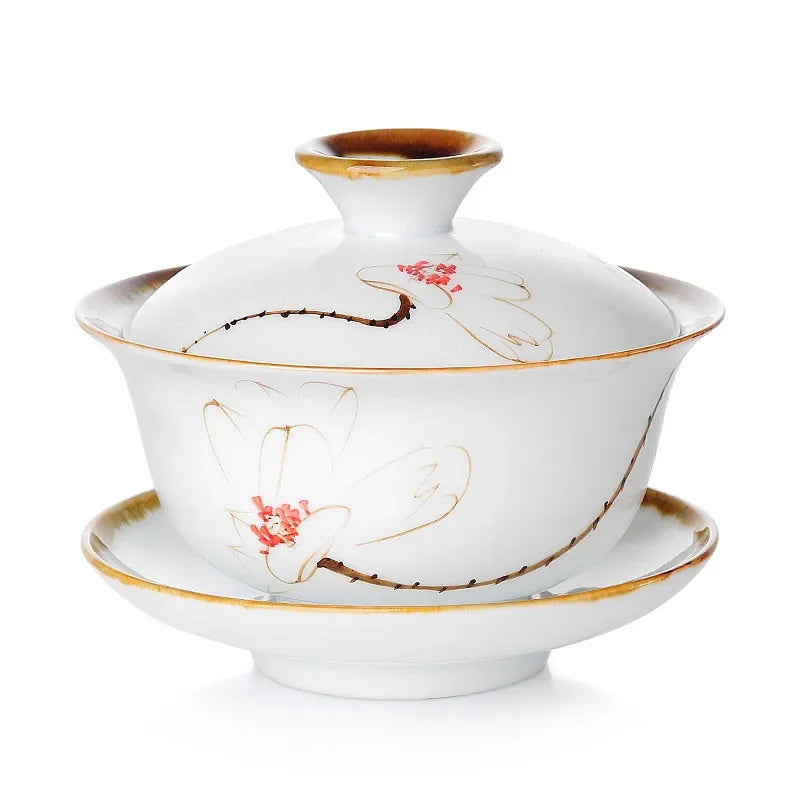 Retro Hand Painted Flower Pattern Ceramic Gaiwan Teacup Handmade Tea Tureen Bowl Chinese Porcelain Teaware Drinkware 120ml