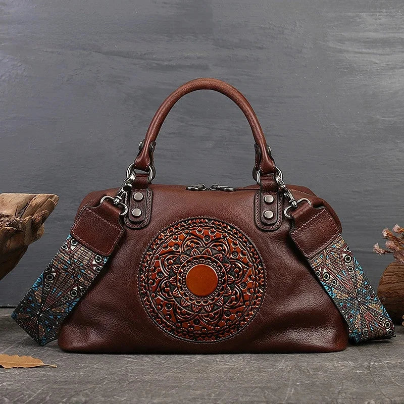 Retro Handmade Women Handbag For Ladies Genuine Leather Should Bags Bohemian Style Soft Cow Boston High-capacity Luxury Handbags