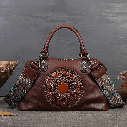 Retro Handmade Women Handbag For Ladies Genuine Leather Should Bags Bohemian Style Soft Cow Boston High-capacity Luxury Handbags