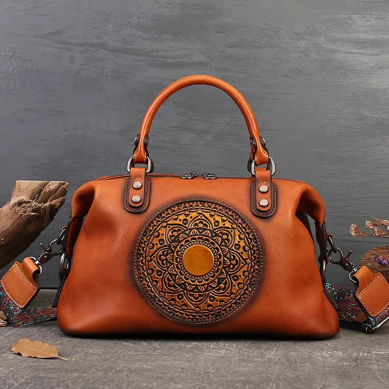 Retro Handmade Women Handbag For Ladies Genuine Leather Should Bags Bohemian Style Soft Cow Boston High-capacity Luxury Handbags