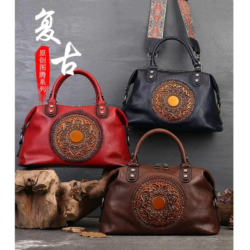 Retro Handmade Women Handbag For Ladies Genuine Leather Should Bags Bohemian Style Soft Cow Boston High-capacity Luxury Handbags