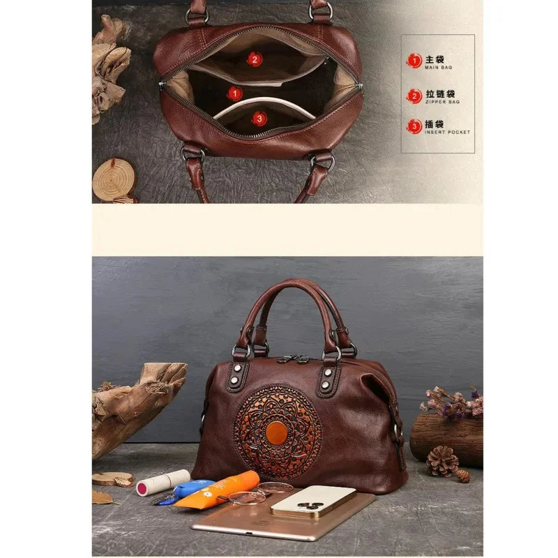 Retro Handmade Women Handbag For Ladies Genuine Leather Should Bags Bohemian Style Soft Cow Boston High-capacity Luxury Handbags