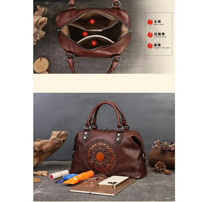 Retro Handmade Women Handbag For Ladies Genuine Leather Should Bags Bohemian Style Soft Cow Boston High-capacity Luxury Handbags