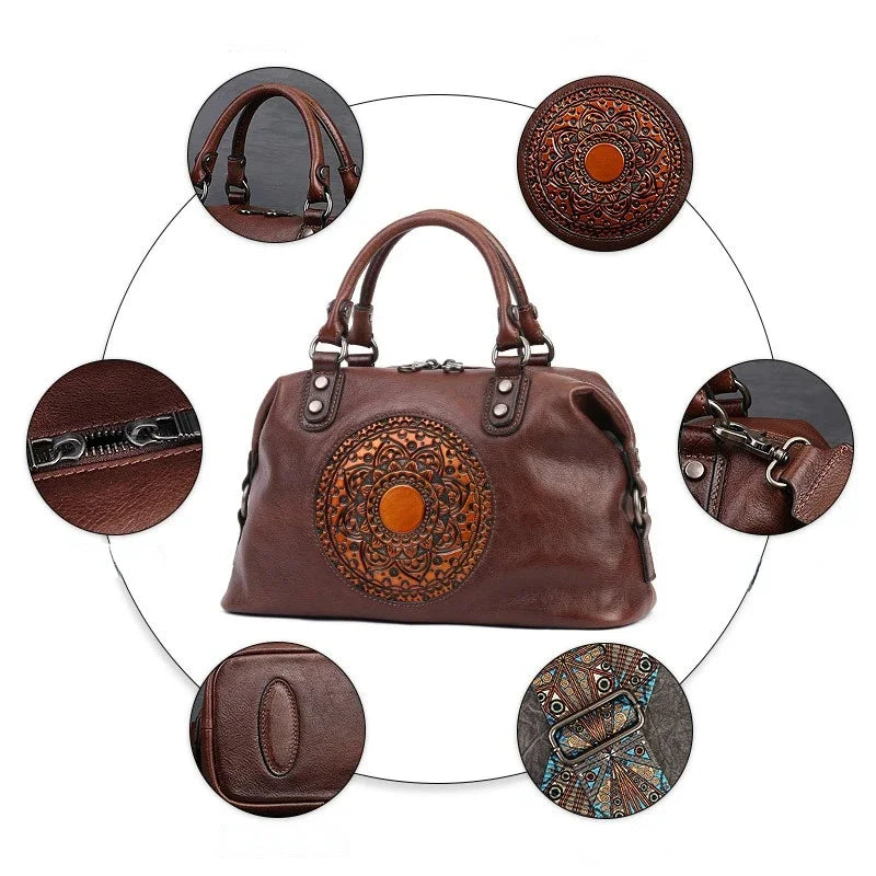 Retro Handmade Women Handbag For Ladies Genuine Leather Should Bags Bohemian Style Soft Cow Boston High-capacity Luxury Handbags
