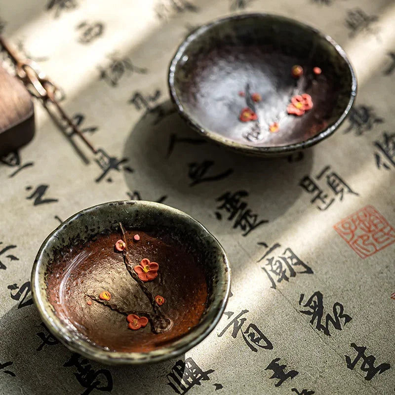 Retro Kung Fu Teacups Pottery Teaware Set Plum Blossom Tea Cups Home Decoration Chinese Handpainted Tea Bowls