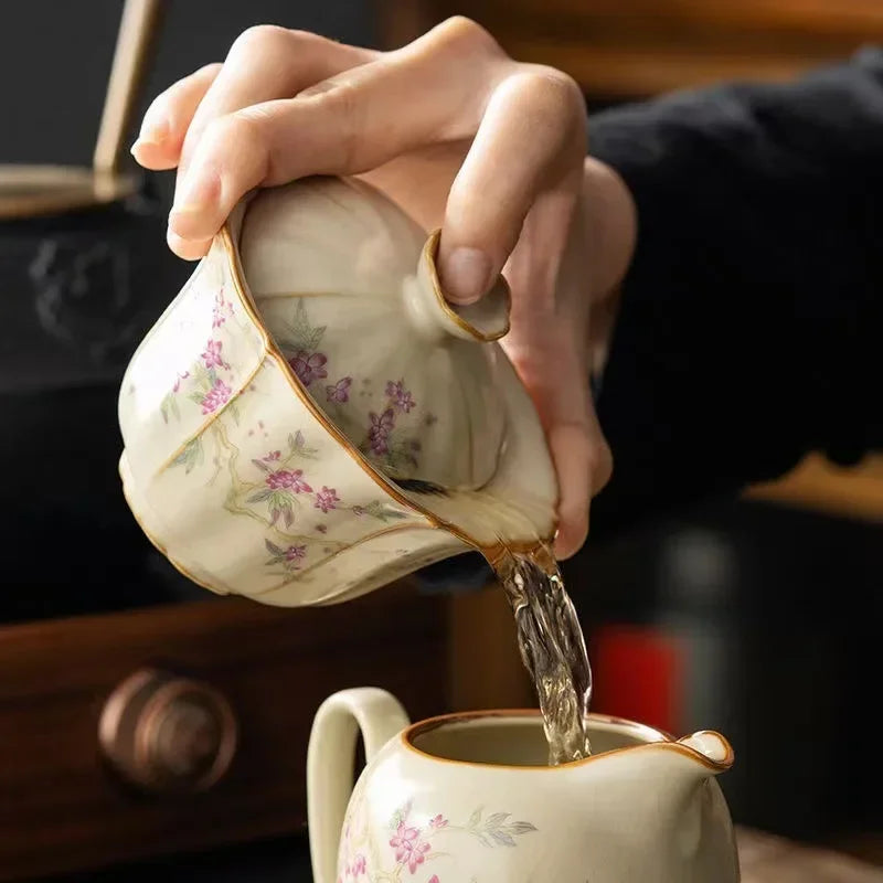 Retro Large Ceramic Tea Brewing Cup Set, Teacup, Anti-Scald, Beige Gracked Glaze, Single, Retro, Plum Blossom, Household