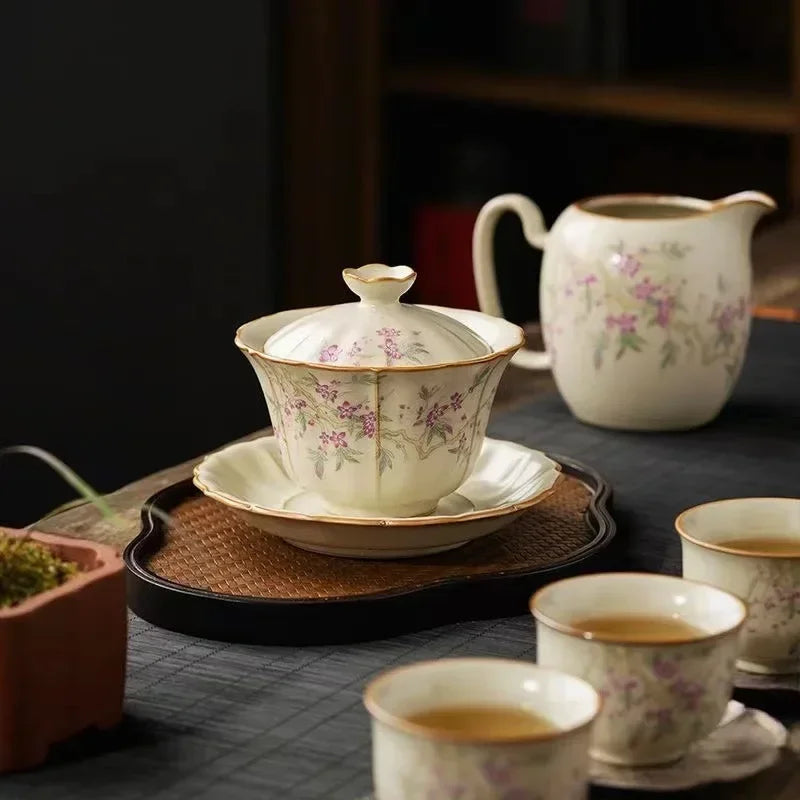 Retro Large Ceramic Tea Brewing Cup Set, Teacup, Anti-Scald, Beige Gracked Glaze, Single, Retro, Plum Blossom, Household