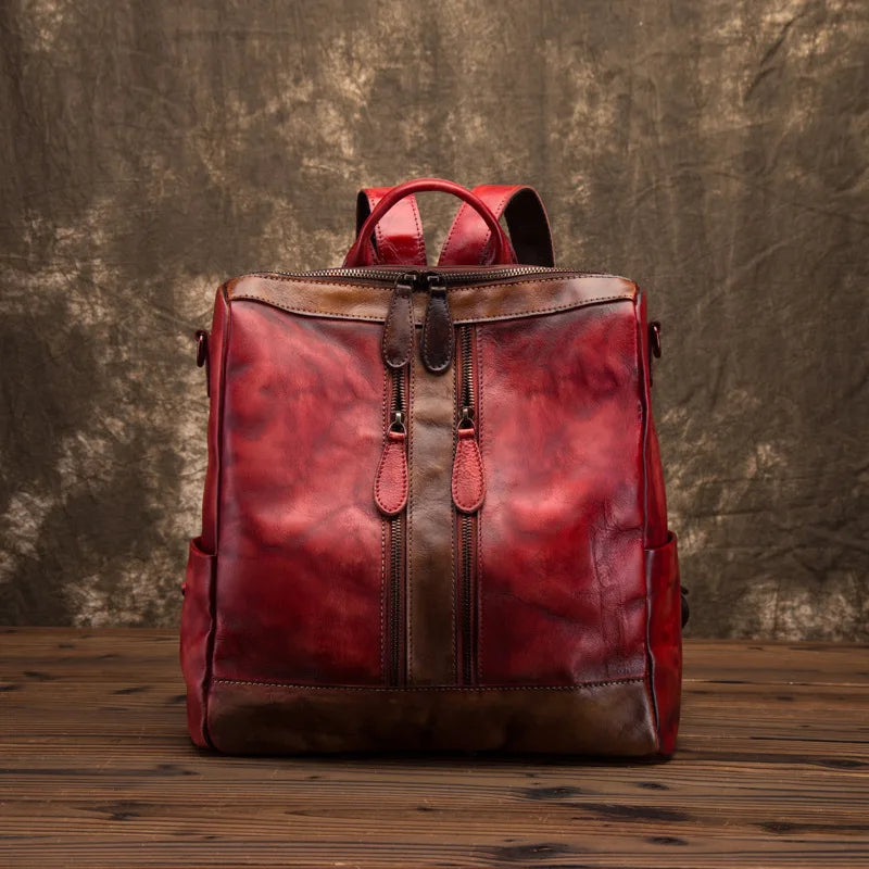 Retro Luxury Cowhide Genuine Leather Backpacks Contrast Color Patchwork Large Capacity Purses Casual Simple Travel Shoulder Bags