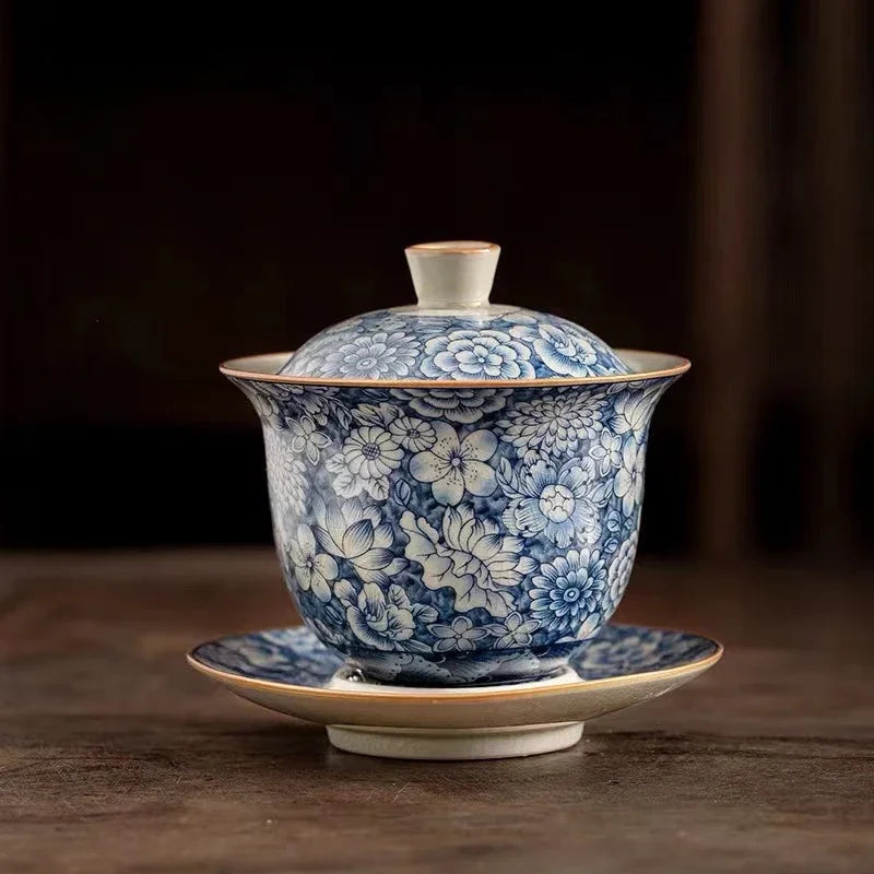 Retro Old Pottery Clay Gaiwan Blue and Whit Tea Bowl Tea Tureen Tea Maker Cover Bowl Chinese Kung Fu Tea Set Supplies Collection