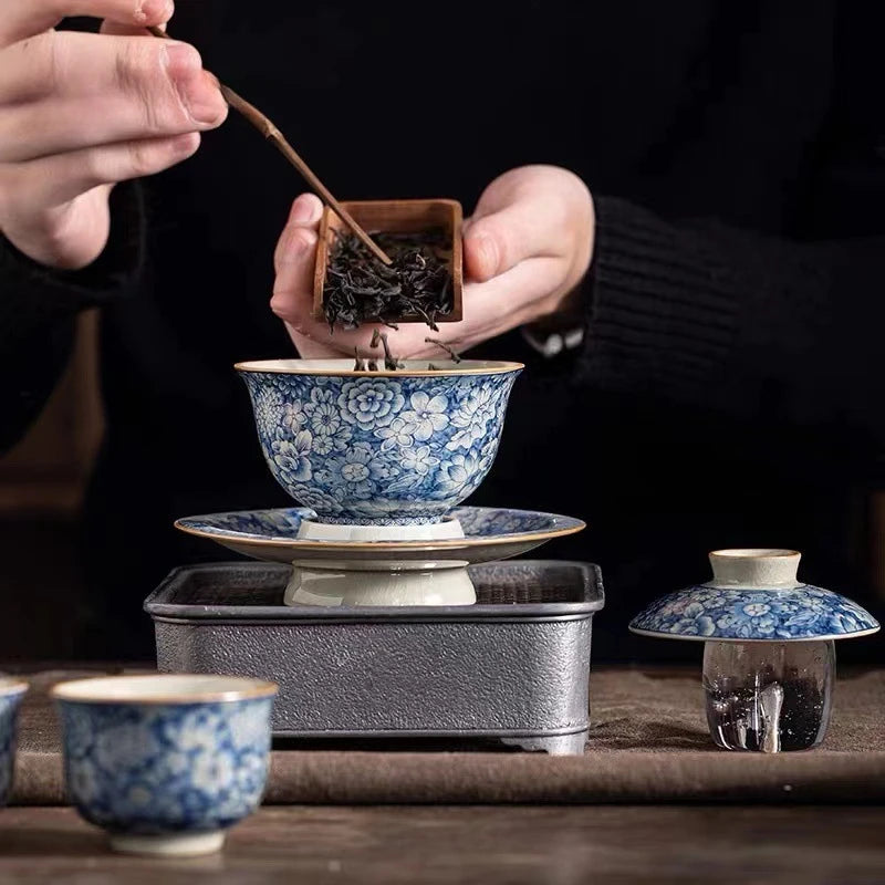 Retro Old Pottery Clay Gaiwan Blue and Whit Tea Bowl Tea Tureen Tea Maker Cover Bowl Chinese Kung Fu Tea Set Supplies Collection