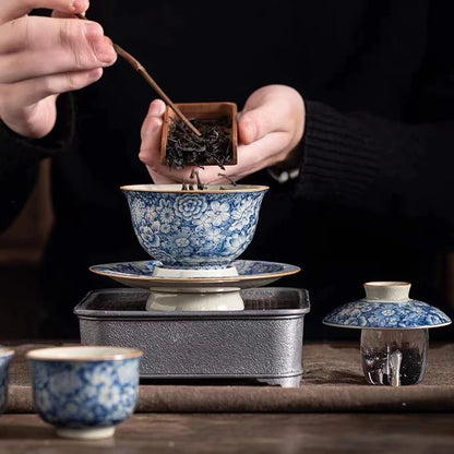 Retro Old Pottery Clay Gaiwan Blue and Whit Tea Bowl Tea Tureen Tea Maker Cover Bowl Chinese Kung Fu Tea Set Supplies Collection
