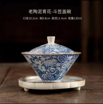 Retro Old Pottery Clay Gaiwan Blue and Whit Tea Bowl Tea Tureen Tea Maker Cover Bowl Chinese Kung Fu Tea Set Supplies Collection