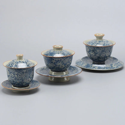 Retro Old Pottery Clay Gaiwan Blue and Whit Tea Bowl Tea Tureen Tea Maker Cover Bowl Chinese Kung Fu Tea Set Supplies Collection