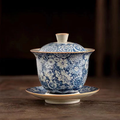 Retro Old Pottery Clay Gaiwan Blue and Whit Tea Bowl Tea Tureen Tea Maker Cover Bowl Chinese Kung Fu Tea Set Supplies Collection