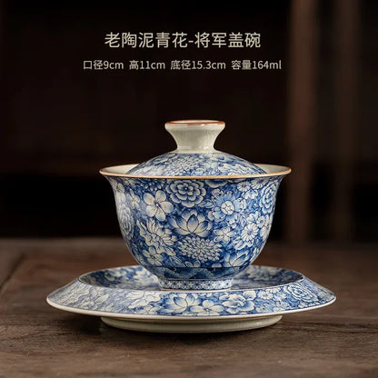 Retro Old Pottery Clay Gaiwan Blue and Whit Tea Bowl Tea Tureen Tea Maker Cover Bowl Chinese Kung Fu Tea Set Supplies Collection
