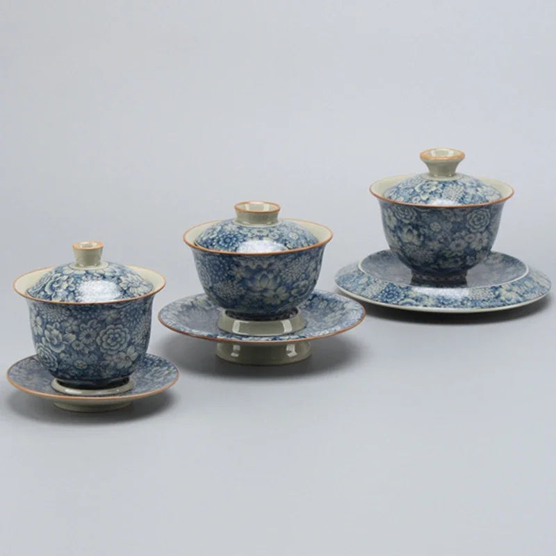 Retro Old Pottery Clay Gaiwan Blue and Whit Tea Bowl Tea Tureen Tea Maker Cover Bowl Chinese Kung Fu Tea Set Supplies Collection