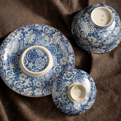 Retro Old Pottery Clay Gaiwan Blue and Whit Tea Bowl Tea Tureen Tea Maker Cover Bowl Chinese Kung Fu Tea Set Supplies Collection