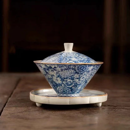 Retro Old Pottery Clay Gaiwan Blue and Whit Tea Bowl Tea Tureen Tea Maker Cover Bowl Chinese Kung Fu Tea Set Supplies Collection