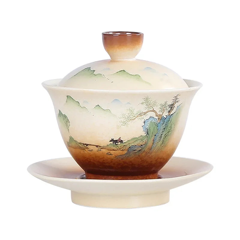 Retro Pottery Sancai Gaiwan Japanese Style Tea Tureen Ceramic Teaware Tea Set Home Decor Handpainted Kung Fu Tea Cups
